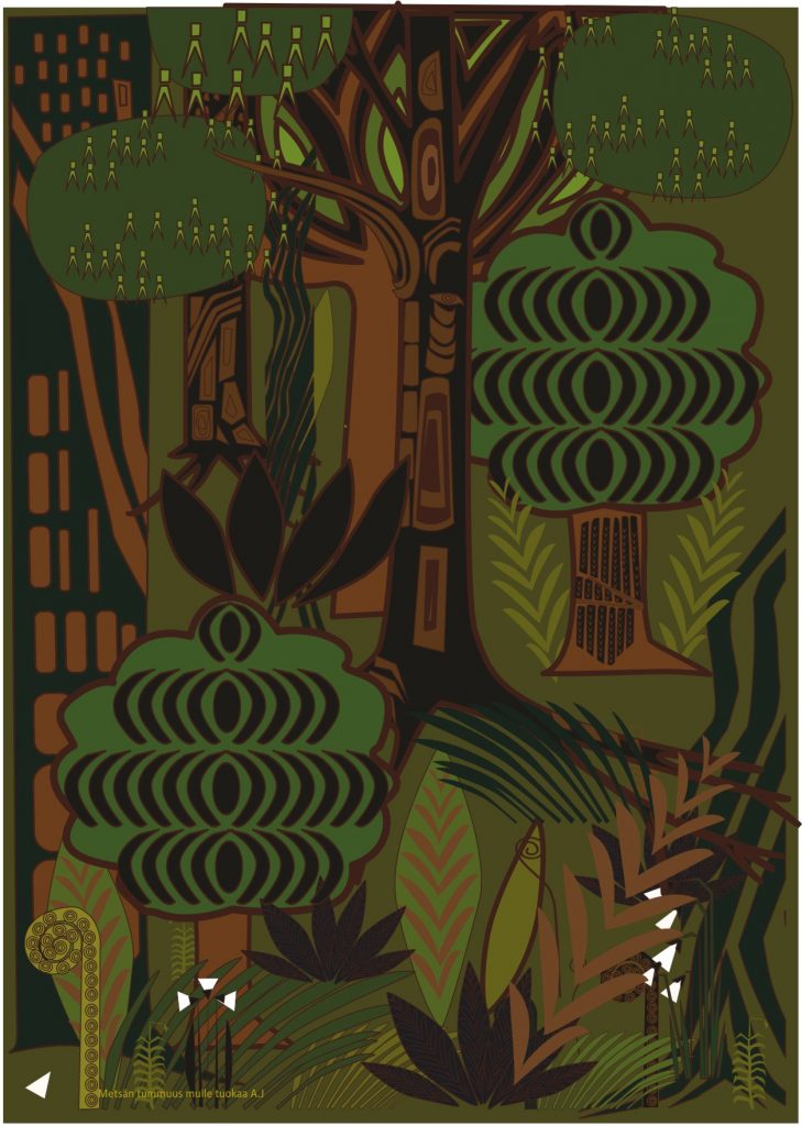 Metsän tummuus mulle tuokaa
Kalenterin kuvitusta